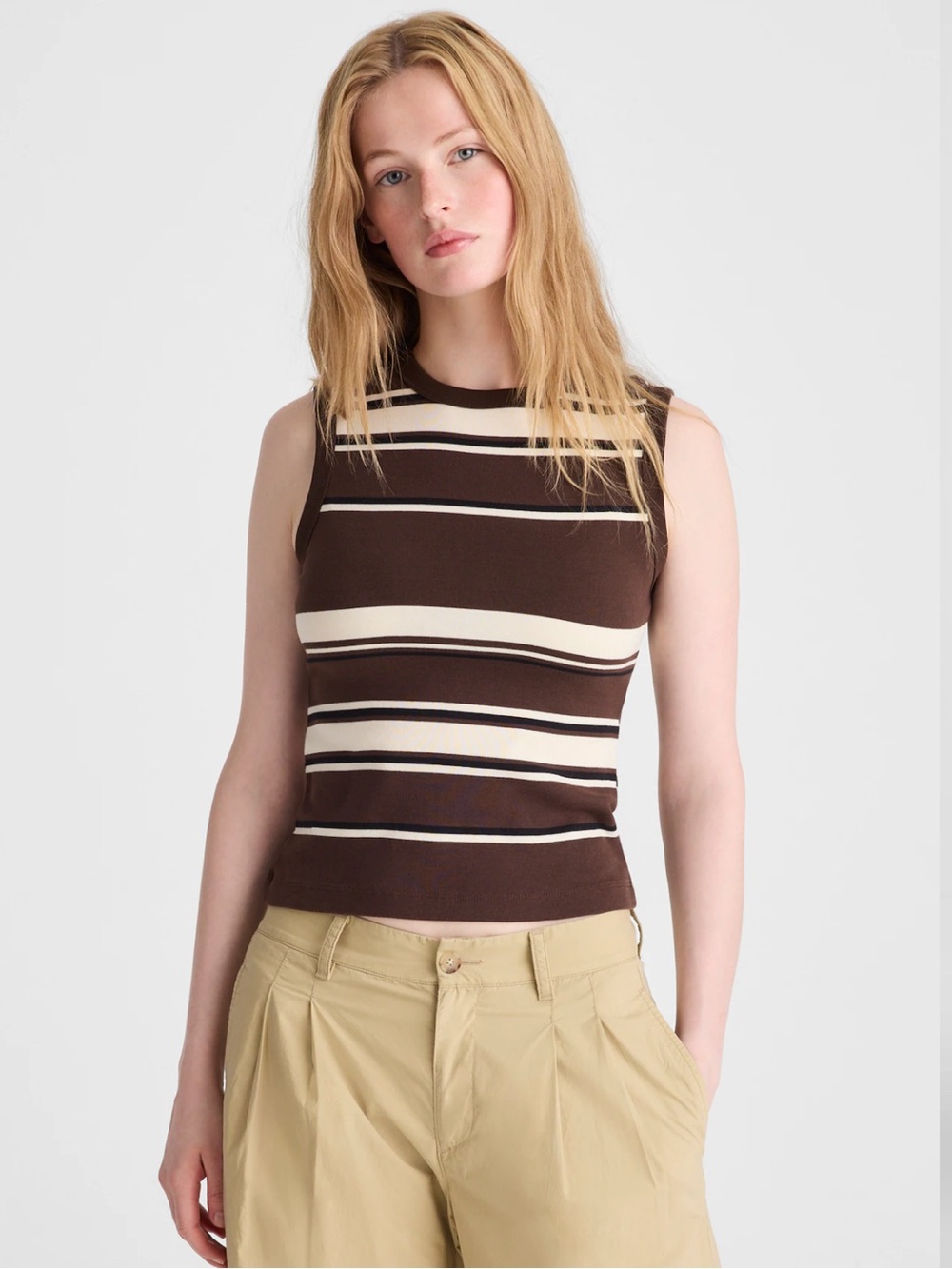 Madewell ‘90’s Shell Tank Brown Cream Black Stripes Tank (Size Small) - Picture 3 of 12
